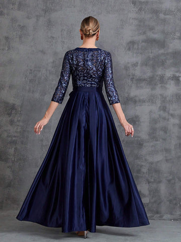 Womens' Contrast Sequin Satin Formal Dress