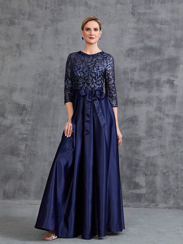 Womens' Contrast Sequin Satin Formal Dress