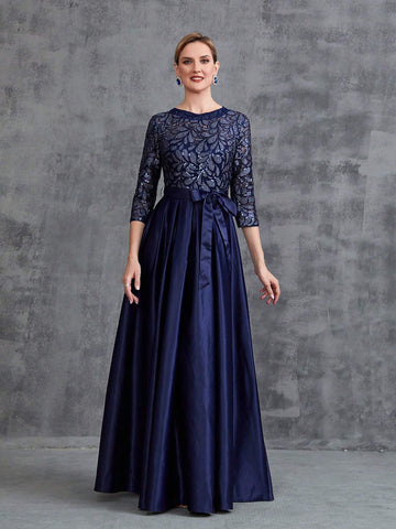 Womens' Contrast Sequin Satin Formal Dress