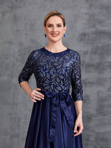 Womens' Contrast Sequin Satin Formal Dress