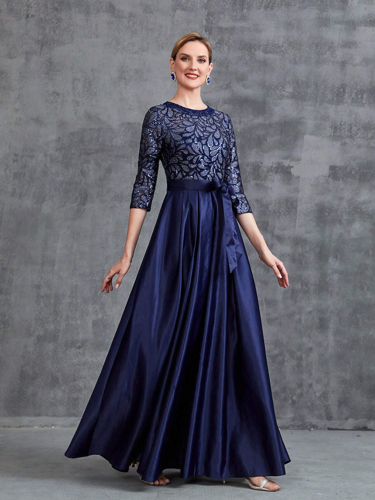 Womens' Contrast Sequin Satin Formal Dress