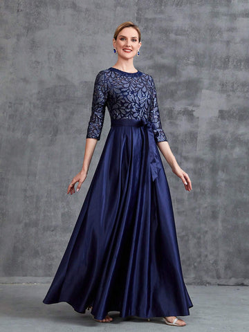 Womens' Contrast Sequin Satin Formal Dress