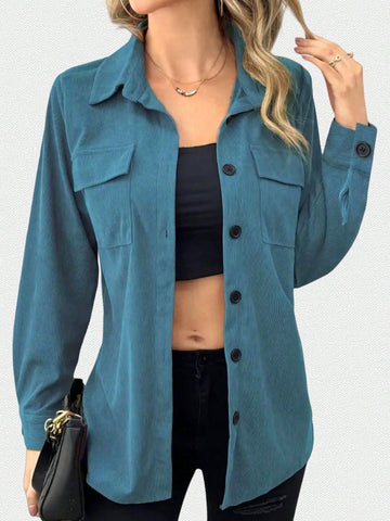 Womens Corduroy Button Down Shirts Boyfriend Long Sleeve Oversized Blouses Tops Casual Tops Collared Shirt Jacket Pocket Coats