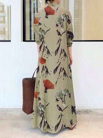 Women's Cotton Linen Printed Long-Sleeved Shirt Dress