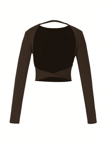 Women's Crew Neck Open Back Long Sleeve Basic Crop Tops Stretch Backless Going Out Tee Shirt