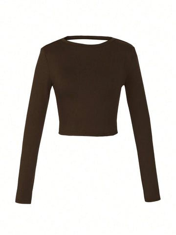 Women's Crew Neck Open Back Long Sleeve Basic Crop Tops Stretch Backless Going Out Tee Shirt