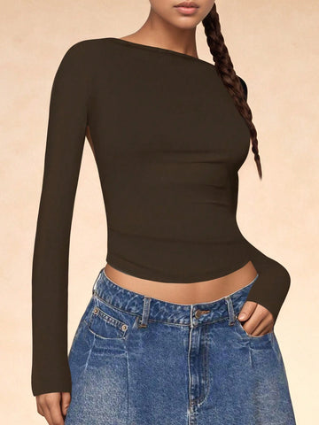 Women's Crew Neck Open Back Long Sleeve Basic Crop Tops Stretch Backless Going Out Tee Shirt