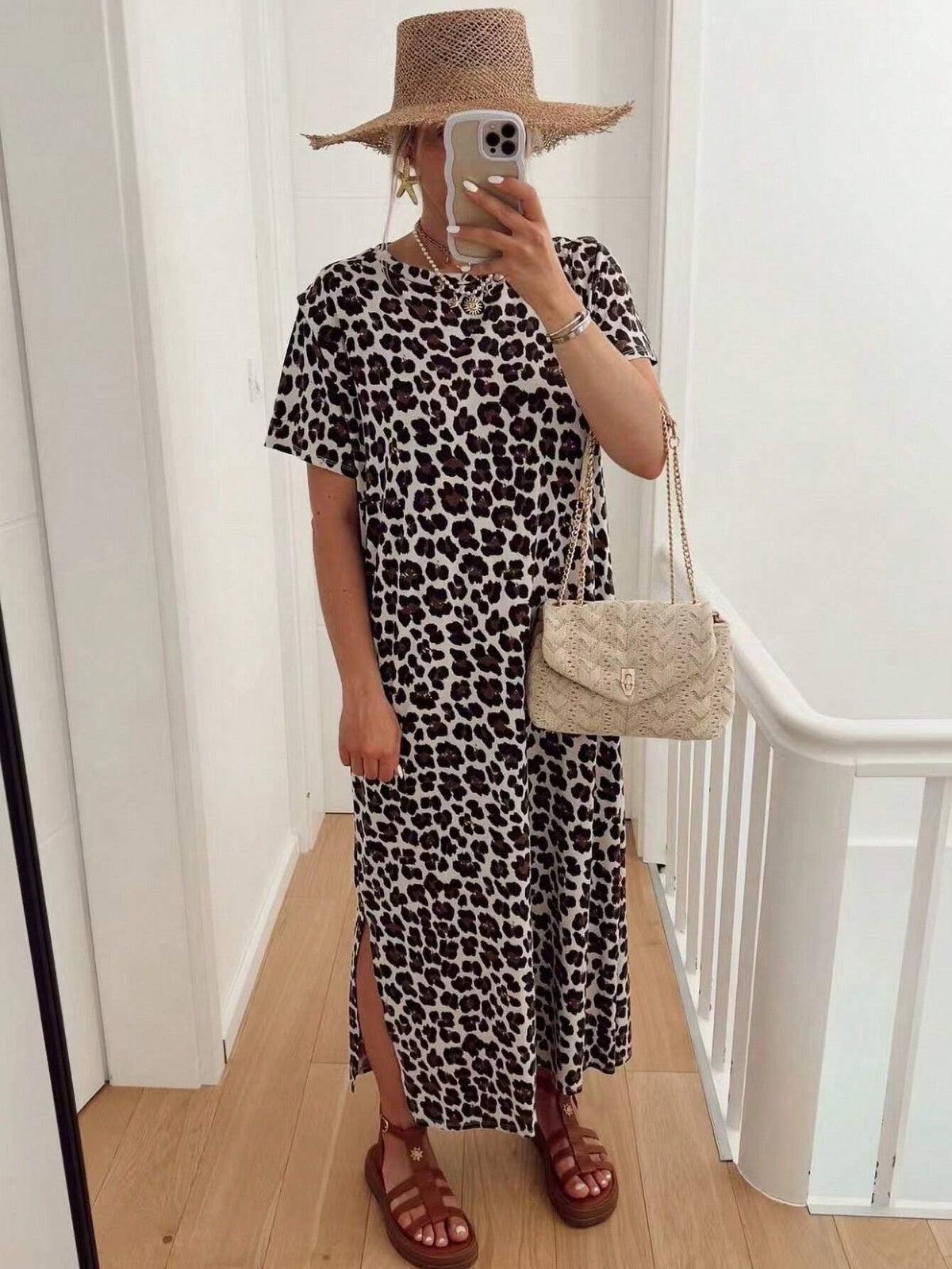 Women's Crew Neck Short Sleeve Leopard Print Minimalist Long Dress