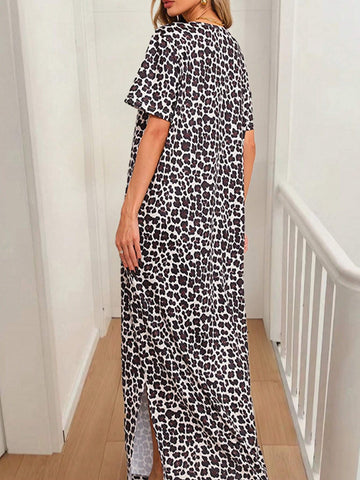 Women's Crew Neck Short Sleeve Leopard Print Minimalist Long Dress