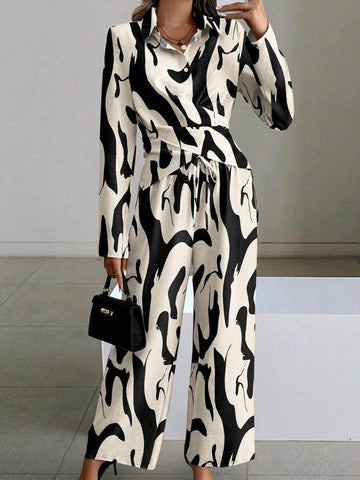 Women's Cross Front Tie-Waist Long Sleeve Shirt And Pants Set