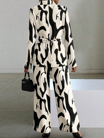 Women's Cross Front Tie-Waist Long Sleeve Shirt And Pants Set
