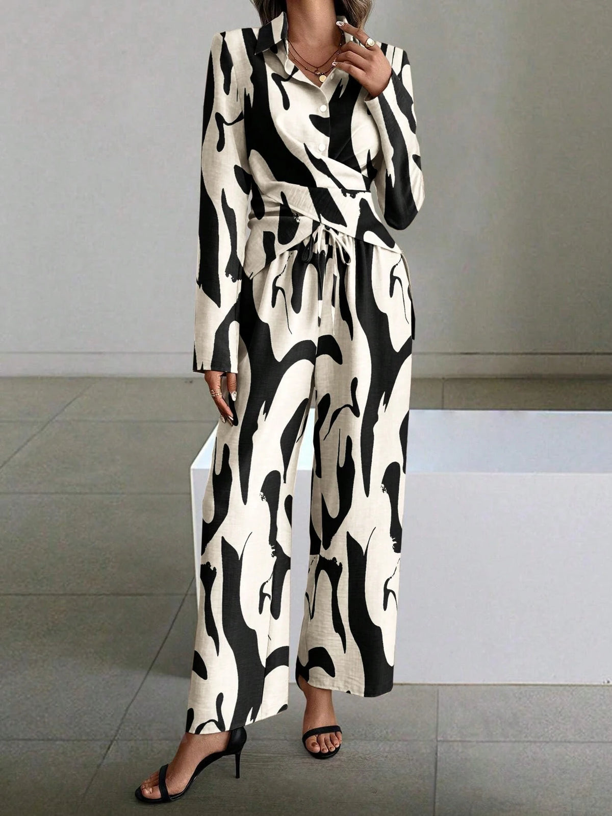 Women's Cross Front Tie-Waist Long Sleeve Shirt And Pants Set
