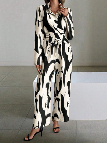 Women's Cross Front Tie-Waist Long Sleeve Shirt And Pants Set