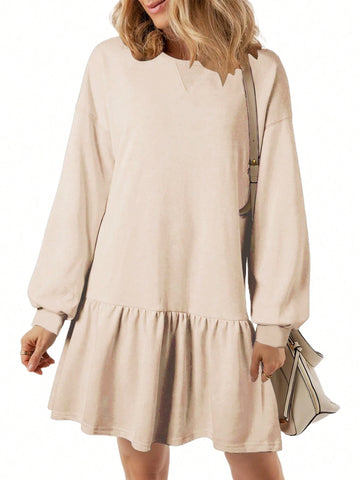 Women's Crossed Neckline Round Neck, Slouchy Shoulder, Long Sleeve Casual Loose Sweatshirt Dress