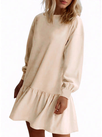 Women's Crossed Neckline Round Neck, Slouchy Shoulder, Long Sleeve Casual Loose Sweatshirt Dress