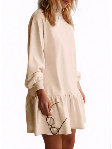 Women's Crossed Neckline Round Neck, Slouchy Shoulder, Long Sleeve Casual Loose Sweatshirt Dress