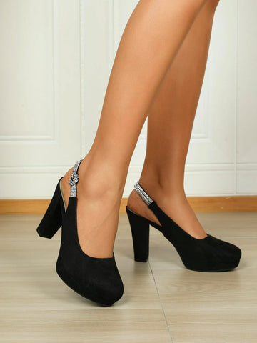 Women's Crystal-embellished Round Toe, Waterproof Platform, Chunky Heel High-heeled Shoes, Elegant, Comfortable, Versatile, Suitable