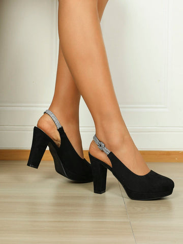 Women's Crystal-embellished Round Toe, Waterproof Platform, Chunky Heel High-heeled Shoes, Elegant, Comfortable, Versatile, Suitable