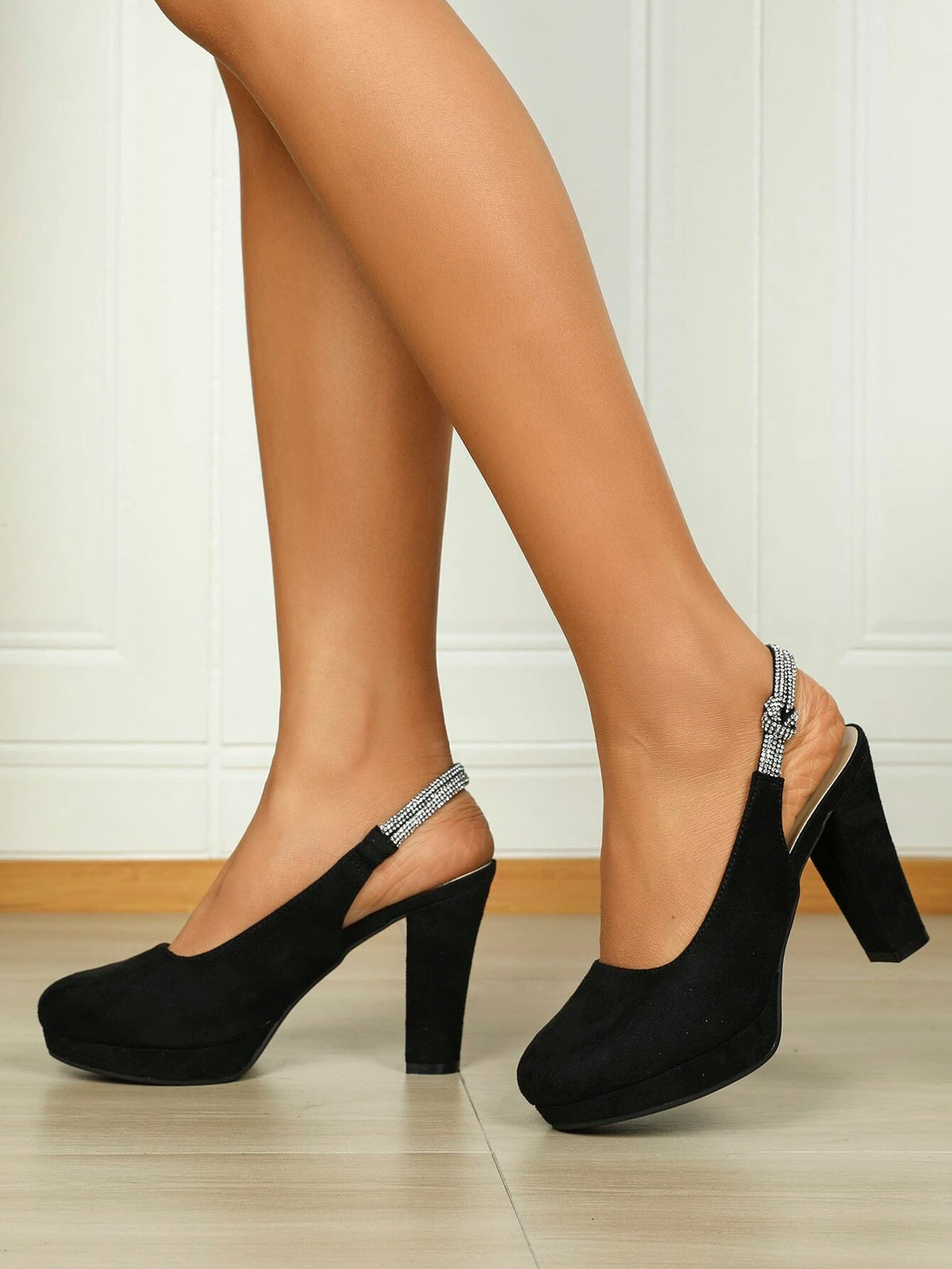 Women's Crystal-embellished Round Toe, Waterproof Platform, Chunky Heel High-heeled Shoes, Elegant, Comfortable, Versatile, Suitable