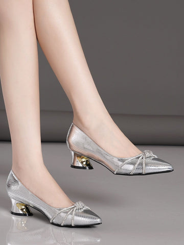 Women's Crystal Pointed Toe Chunky Heels Shoes