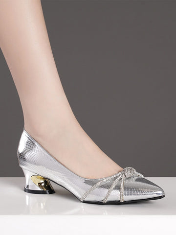 Women's Crystal Pointed Toe Chunky Heels Shoes