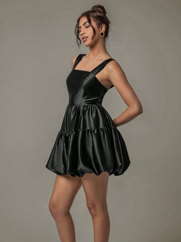 Women's Cute Black Satin Youthful Ruffle Backless Sleeveless Mini Dress