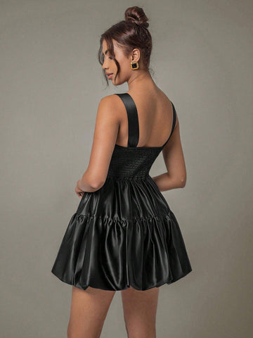 Women's Cute Black Satin Youthful Ruffle Backless Sleeveless Mini Dress