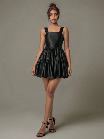 Women's Cute Black Satin Youthful Ruffle Backless Sleeveless Mini Dress