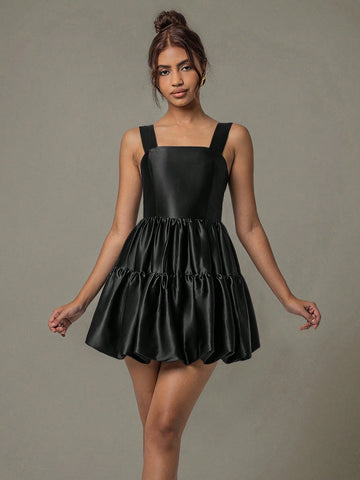 Women's Cute Black Satin Youthful Ruffle Backless Sleeveless Mini Dress