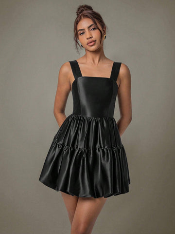 Women's Cute Black Satin Youthful Ruffle Backless Sleeveless Mini Dress