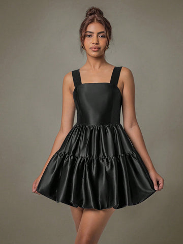 Women's Cute Black Satin Youthful Ruffle Backless Sleeveless Mini Dress