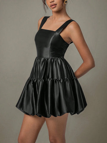 Women's Cute Black Satin Youthful Ruffle Backless Sleeveless Mini Dress