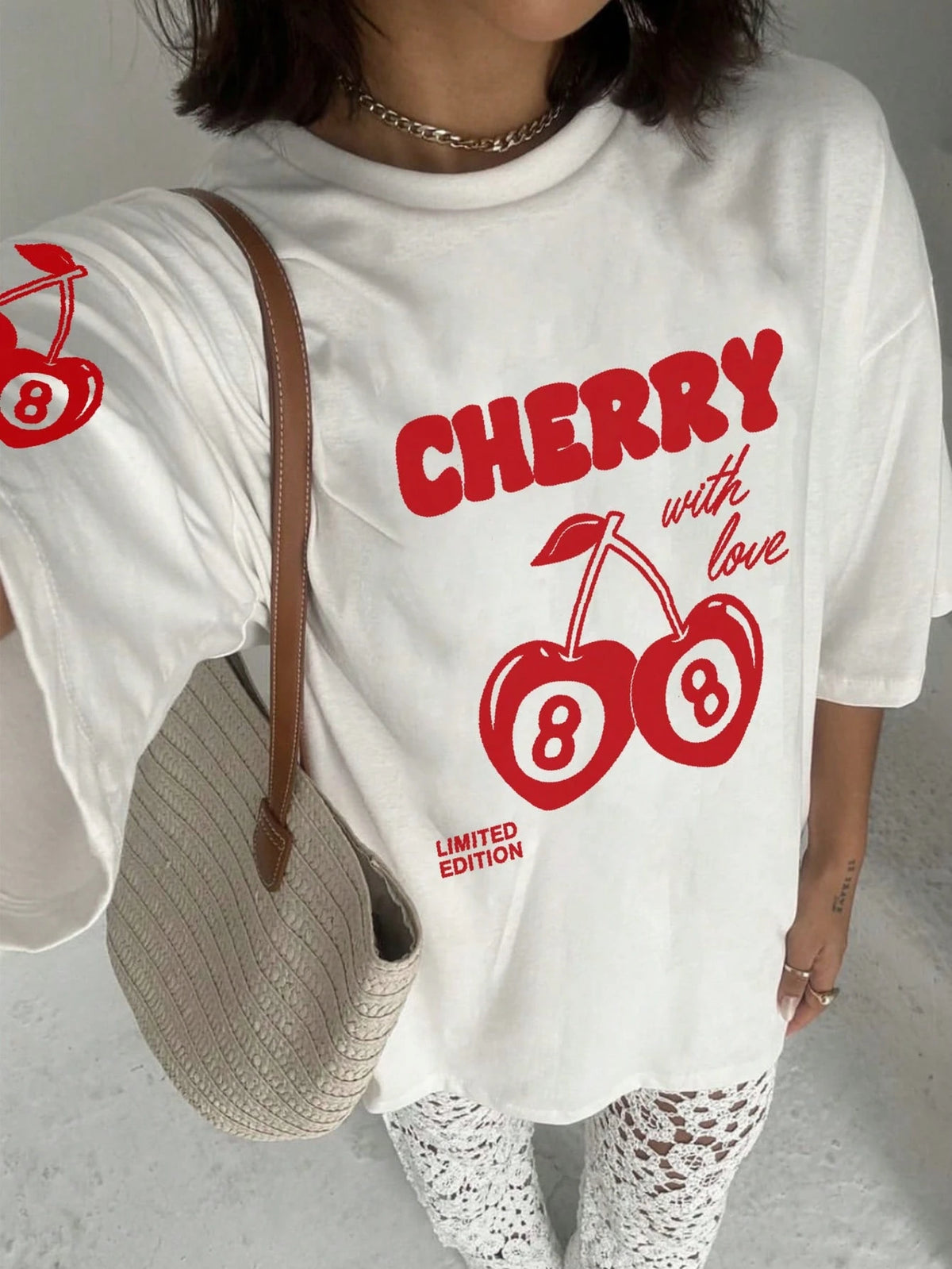Women's Cute Cherry Print Round Neck Short Sleeve T-Shirt, Fashionable And Versatile Summer Top