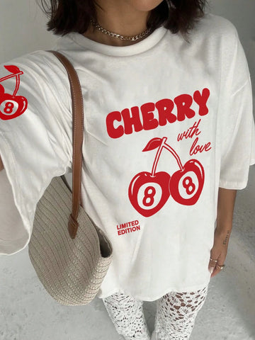 Women's Cute Cherry Print Round Neck Short Sleeve T-Shirt, Fashionable And Versatile Summer Top