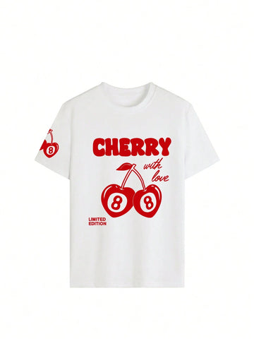 Women's Cute Cherry Print Round Neck Short Sleeve T-Shirt, Fashionable And Versatile Summer Top