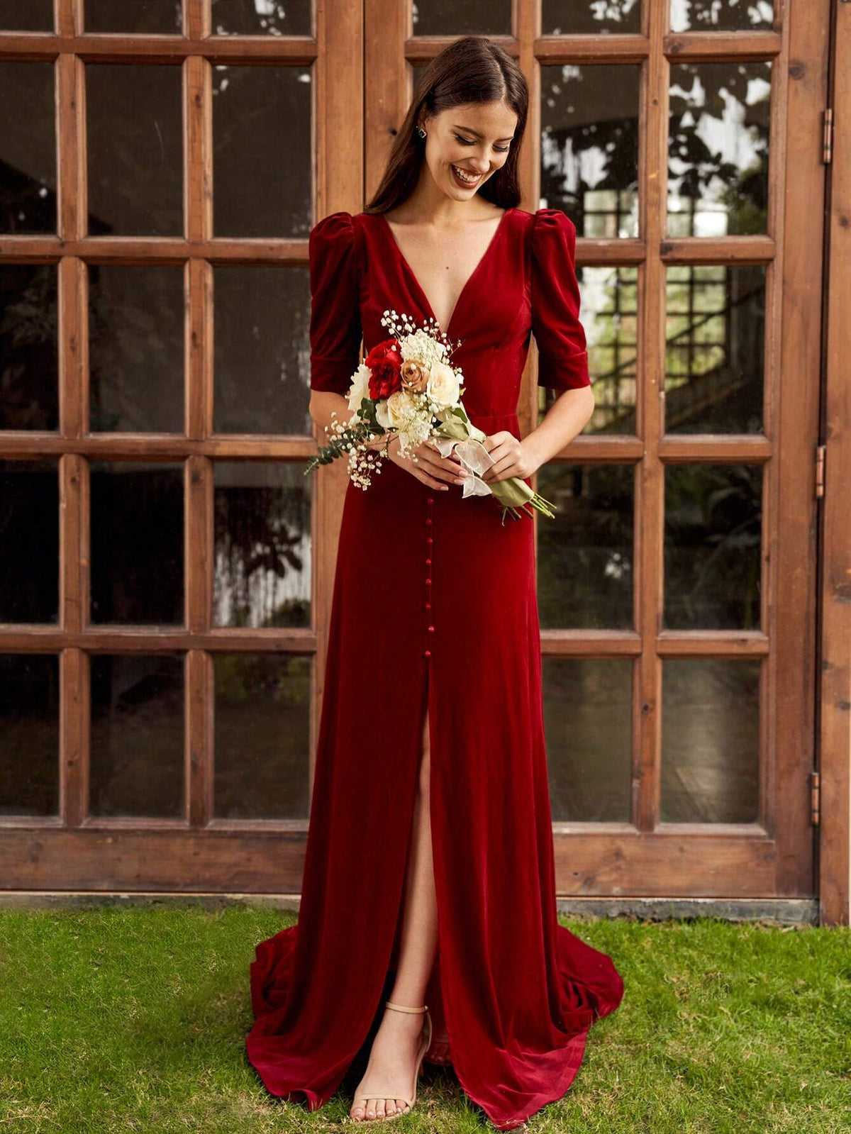 Women's Deep V-Neck Solid Color Plush Elegant Formal Dress