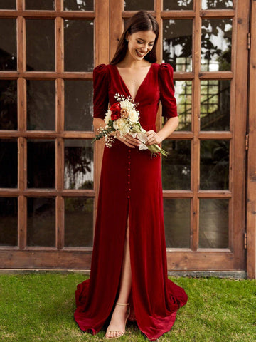 Women's Deep V-Neck Solid Color Plush Elegant Formal Dress