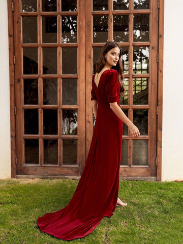 Women's Deep V-Neck Solid Color Plush Elegant Formal Dress