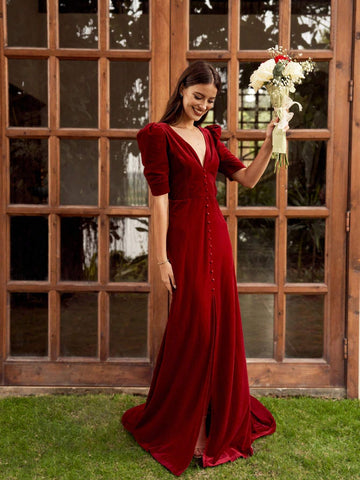 Women's Deep V-Neck Solid Color Plush Elegant Formal Dress