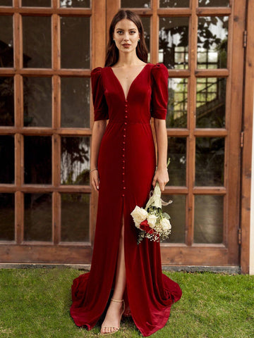 Women's Deep V-Neck Solid Color Plush Elegant Formal Dress