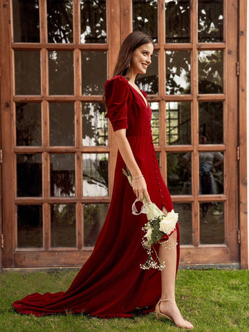 Women's Deep V-Neck Solid Color Plush Elegant Formal Dress