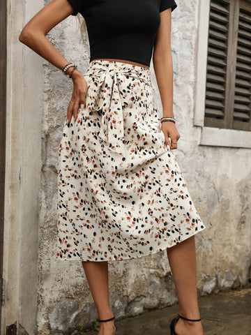 Women's Ditsy Floral Lace-Up Bow Elegant And Versatile A-Line Long Skirt