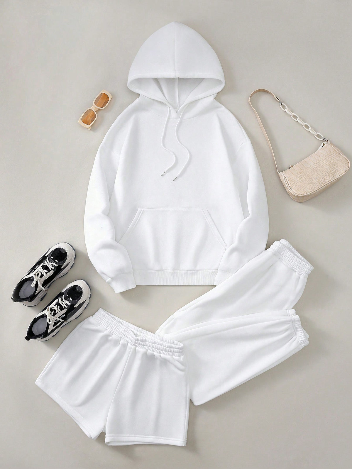 Women's Drawstring Hooded Sweatshirt, Shorts And Capri Athletic Pants 3 Pcs Set