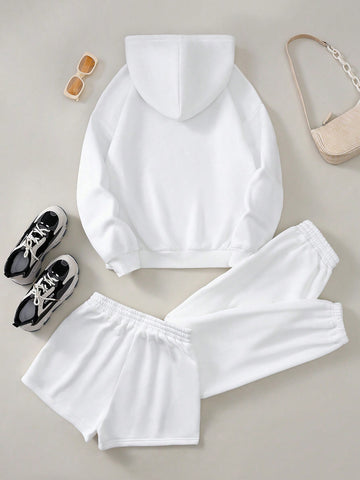 Women's Drawstring Hooded Sweatshirt, Shorts And Capri Athletic Pants 3 Pcs Set