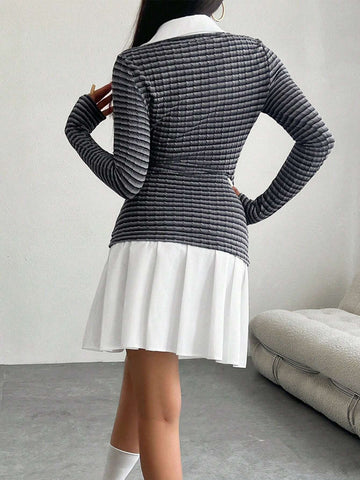 Women's Dress Fake Two Piece Knitted Long Sleeved Lapel Dress