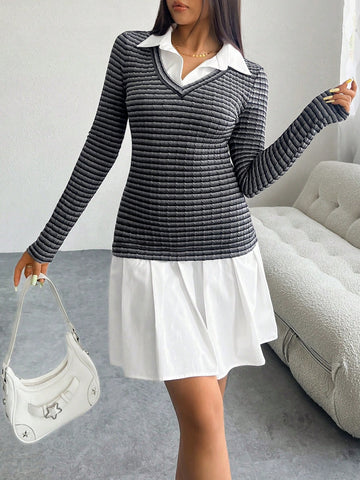 Women's Dress Fake Two Piece Knitted Long Sleeved Lapel Dress