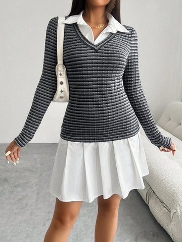 Women's Dress Fake Two Piece Knitted Long Sleeved Lapel Dress