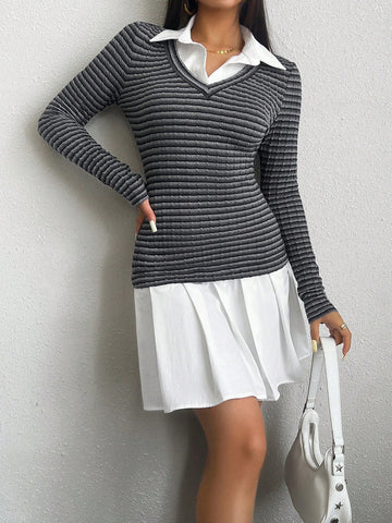 Women's Dress Fake Two Piece Knitted Long Sleeved Lapel Dress