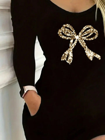 Women's Dress Long Sleeve Round Neck Bow Print Casual Fashion Black Sexy Dress