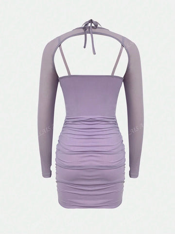 Women's Dress Set 2024 Sexy Sheer Sleeve Pleated Stretch Mesh Mini Dress Matching Set